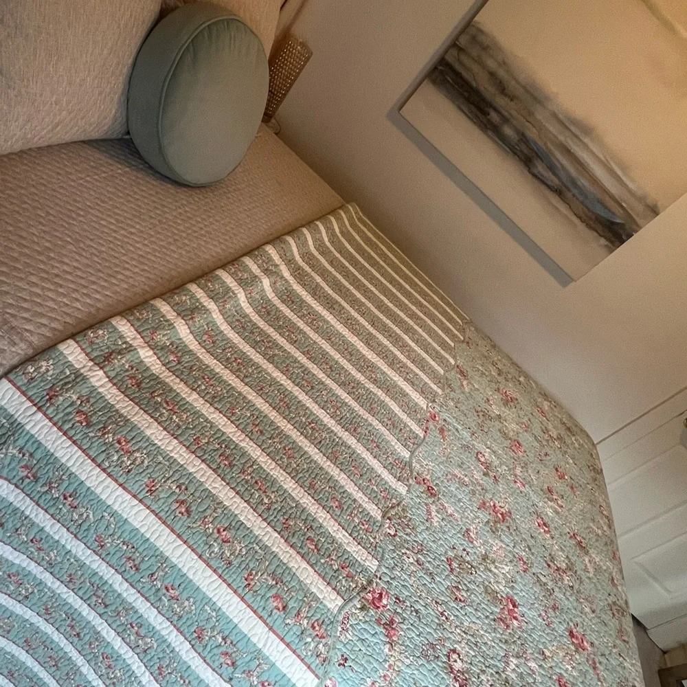 Reversible King Quilt Like New: Light Teal Floral & Stripe Reversible Quilt